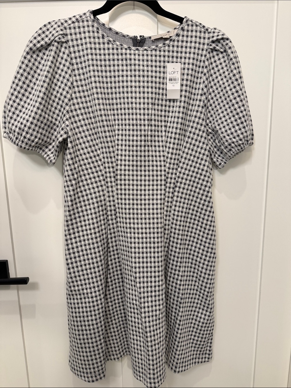 LOFT Grey and White Gingham Puff-Sleeve Dress